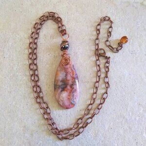 Rustic Crazy Lace Agate Pendant Necklace! Cream Gray Peachy Tangerine + Copper